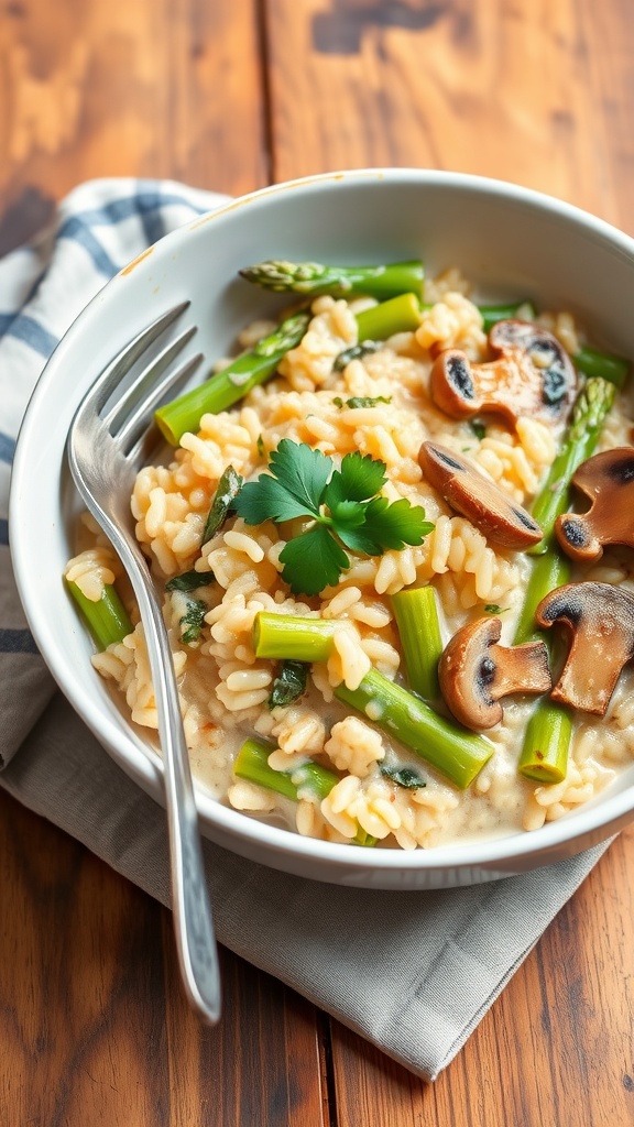 A bowl of creamy risotto with asparagus and mushrooms, garnished with parsley, displayed on a rustic wooden table.
